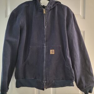 Vintage Carhartt Coat. Canvas Blue. Gold zipper pull. Hooded.